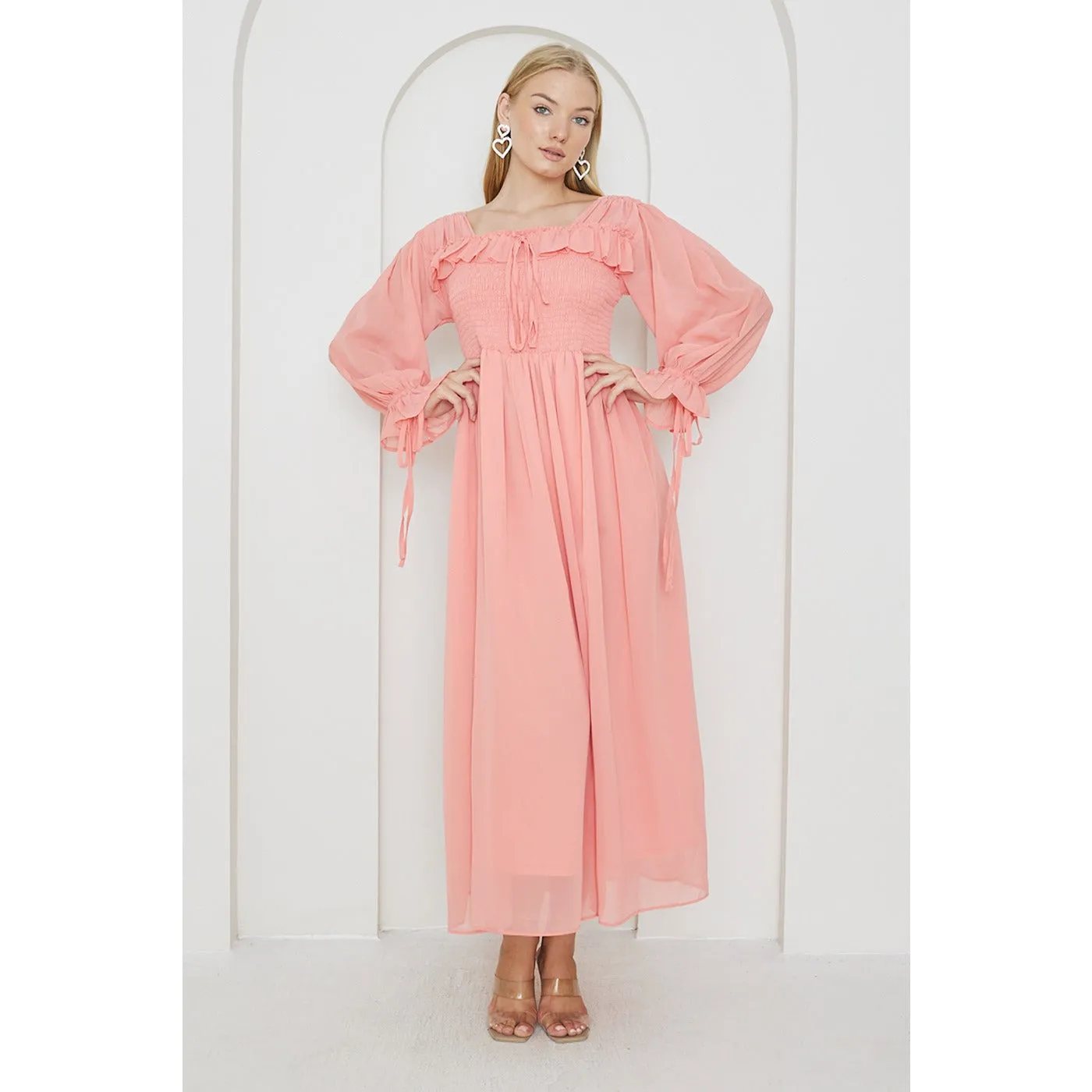 Pink Chiffon Square Collar Dress