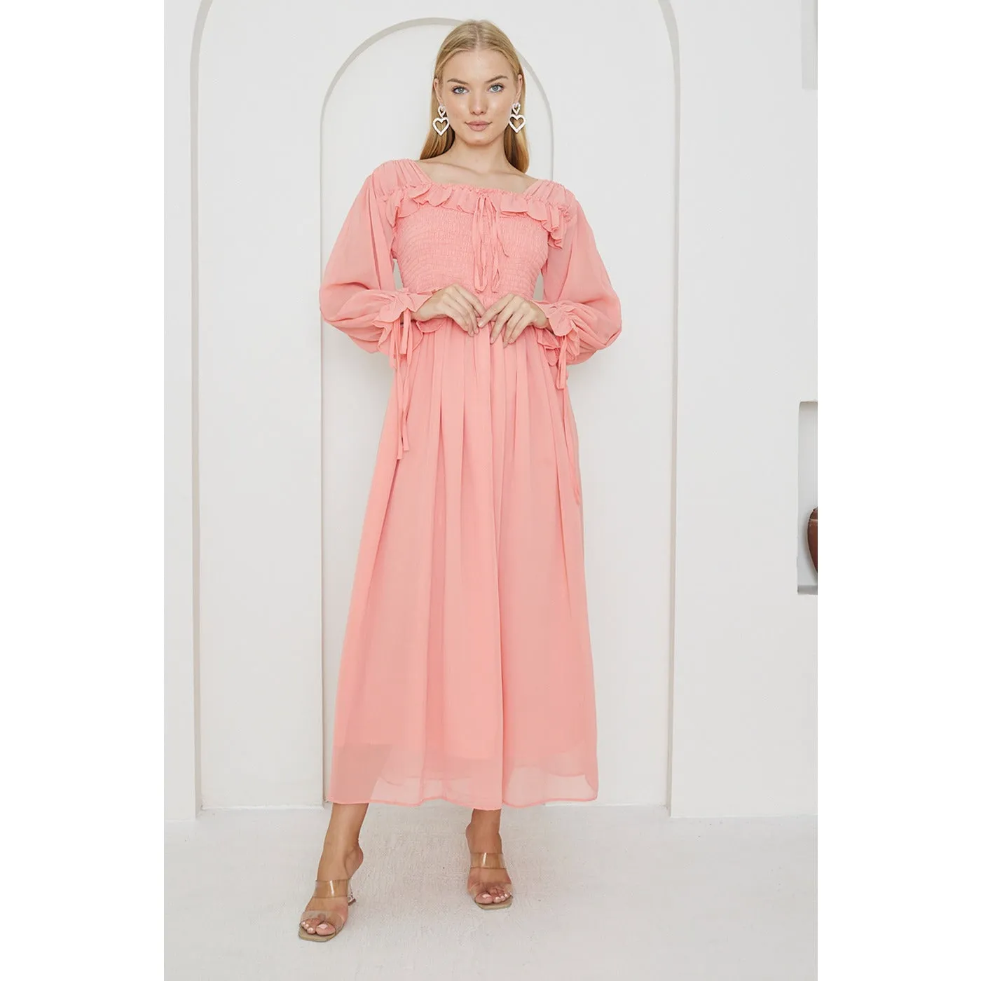 Pink Chiffon Square Collar Dress