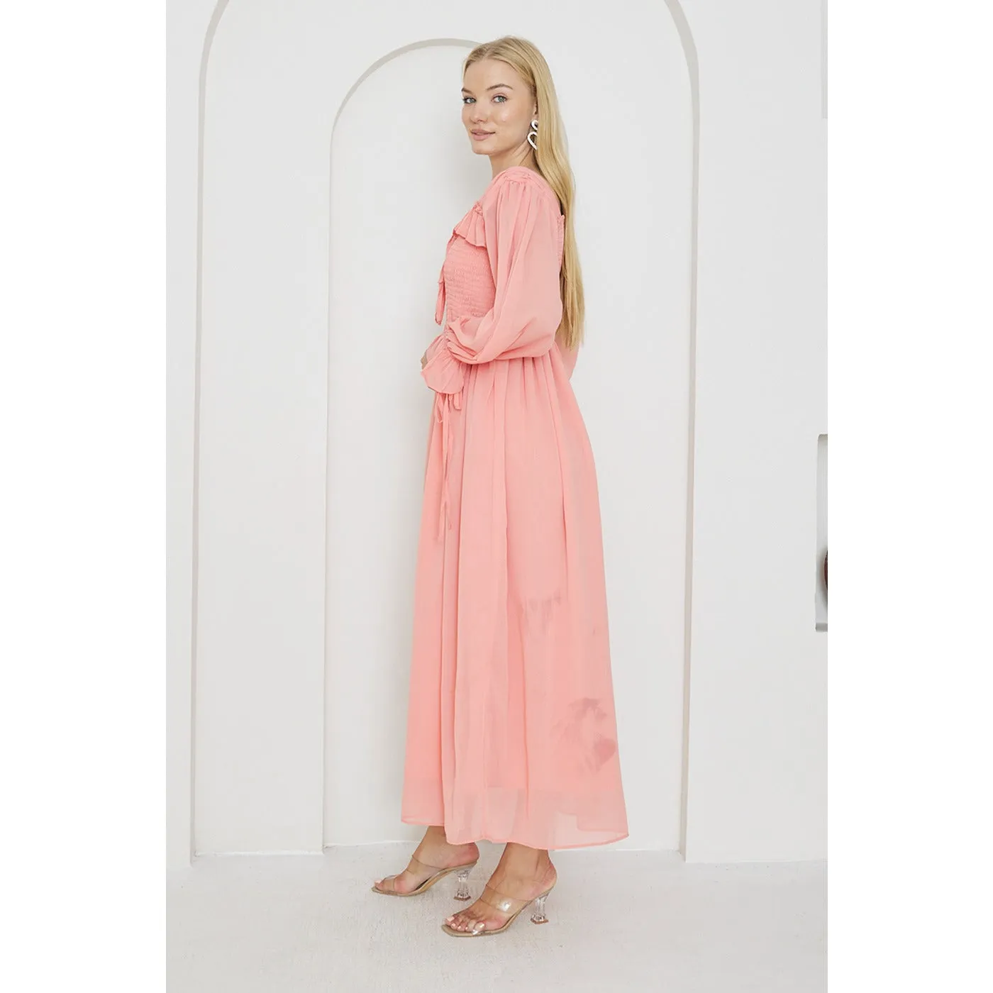 Pink Chiffon Square Collar Dress