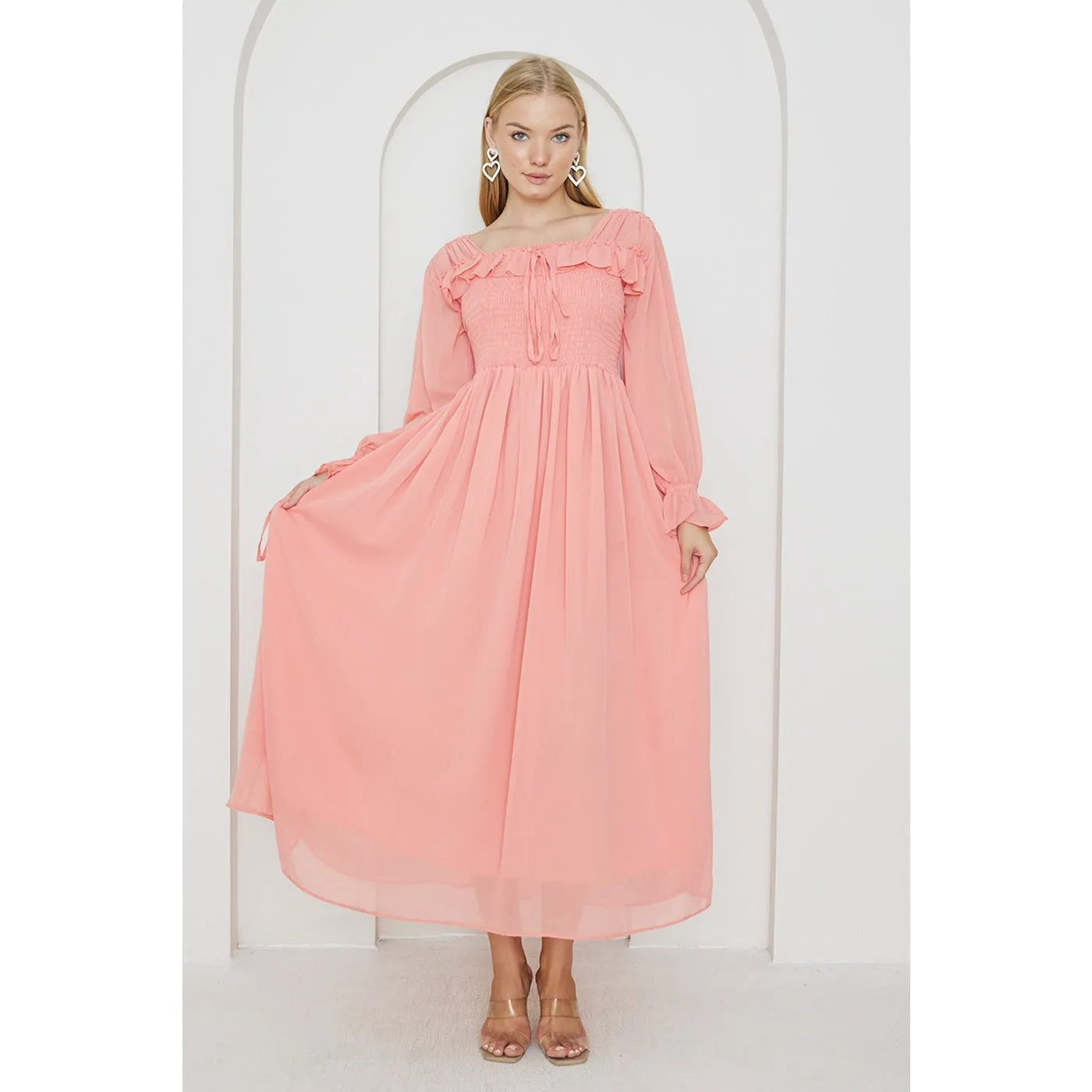 Pink Chiffon Square Collar Dress