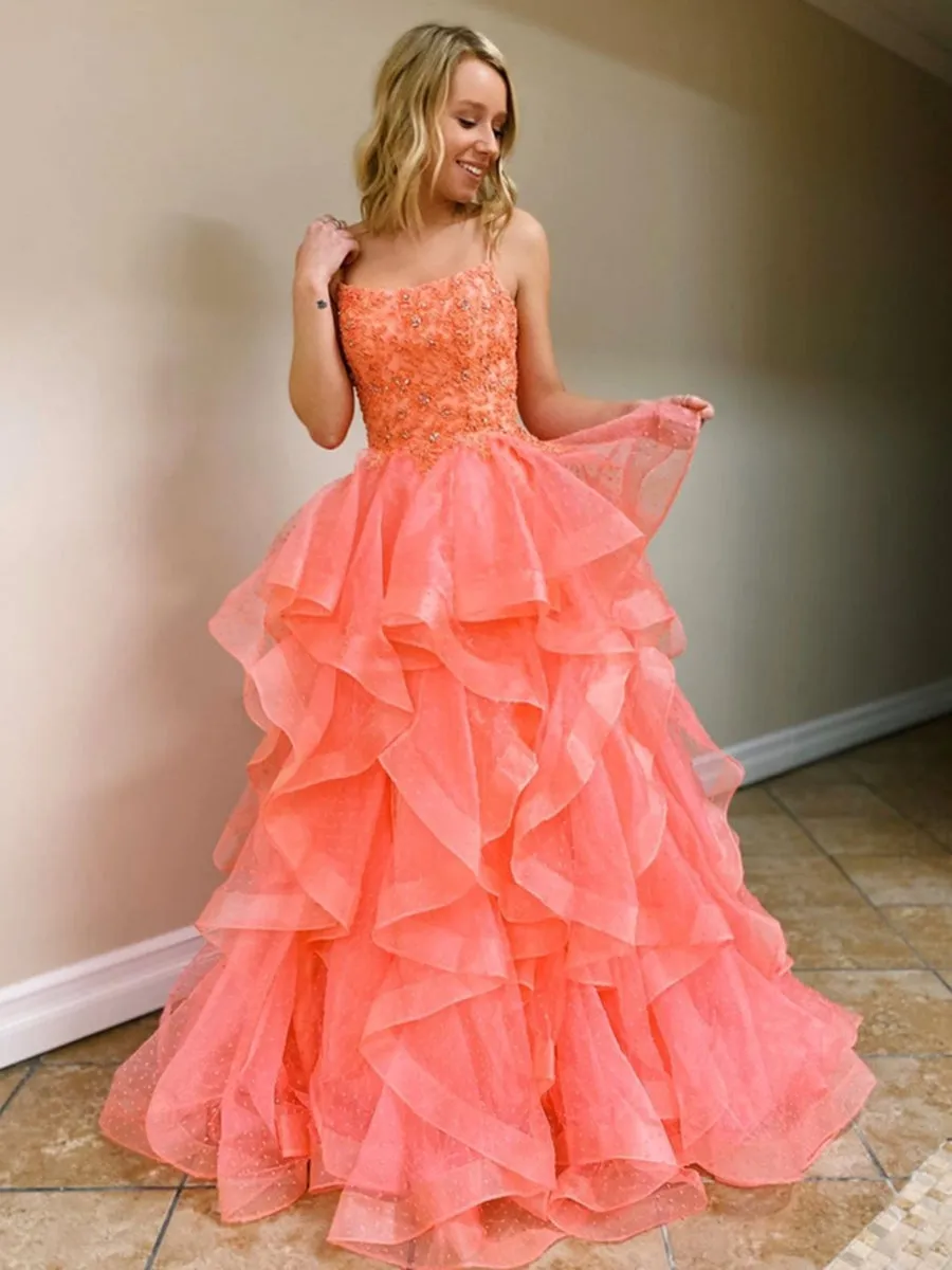 Princess Tulle Backless Lace Long Coral Prom with Beadings, Backless Coral Formal, Beaded Coral Evening