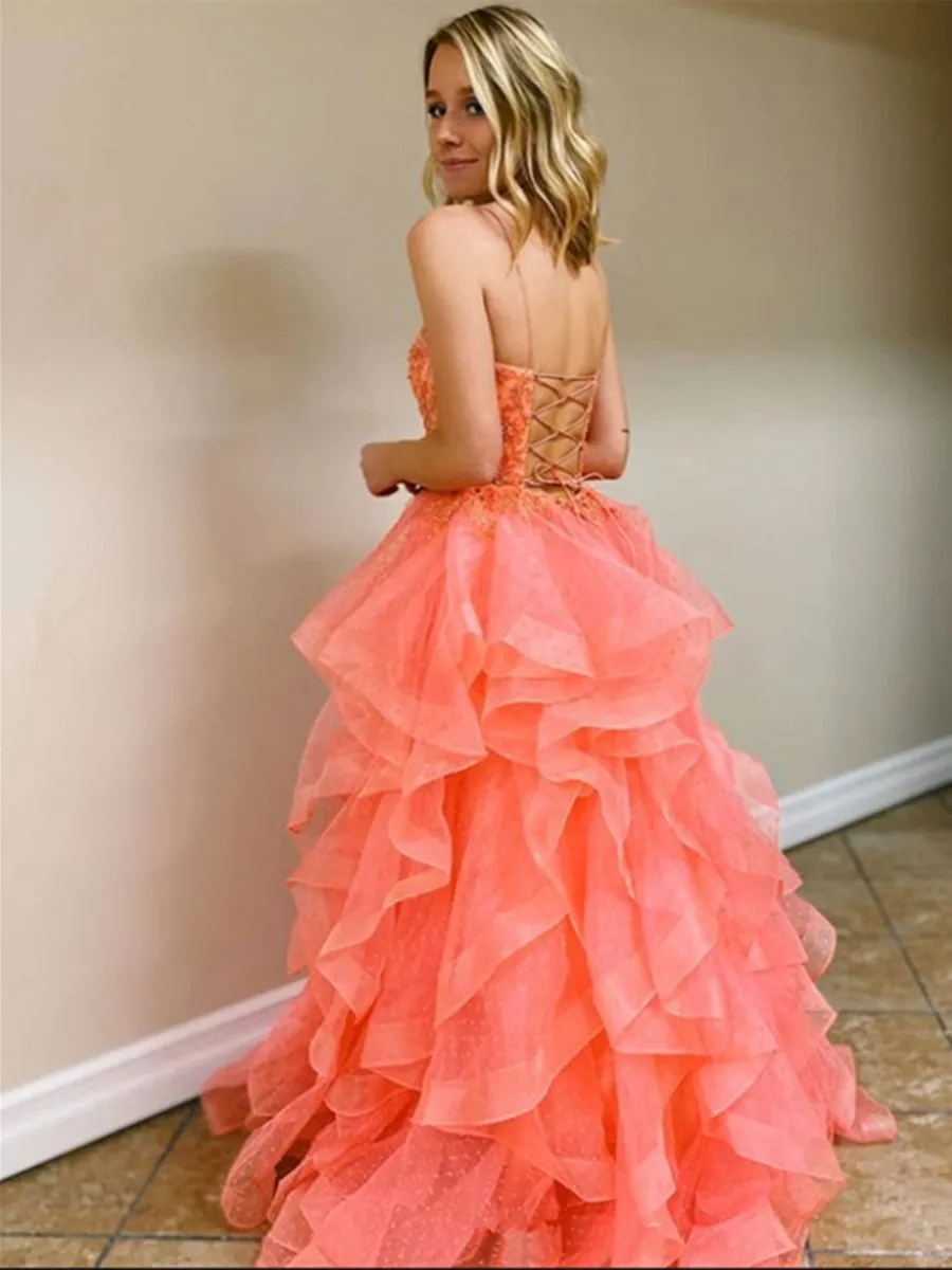 Princess Tulle Backless Lace Long Coral Prom with Beadings, Backless Coral Formal, Beaded Coral Evening