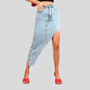 Raw-hem light-wash jeans skirt for ladies