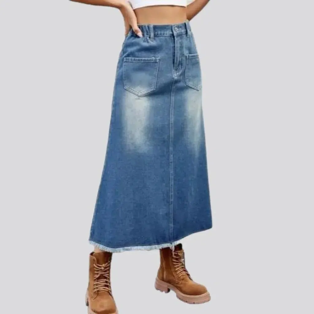 Raw-hem long women's jeans skirt