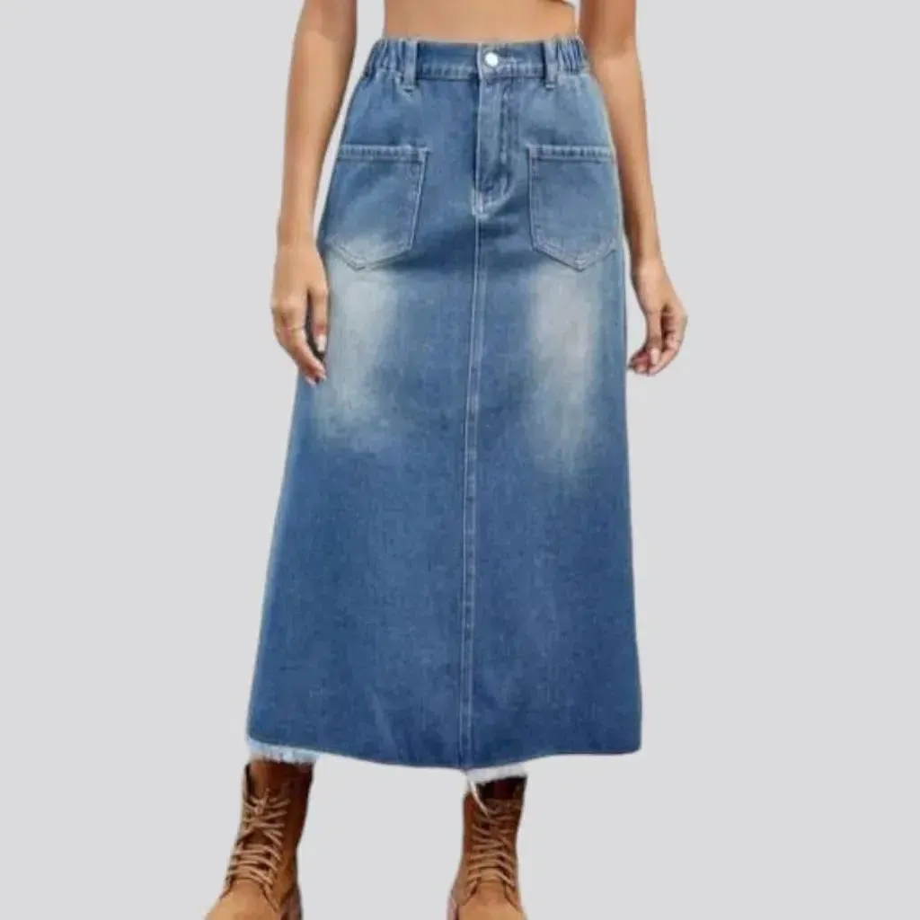 Raw-hem long women's jeans skirt