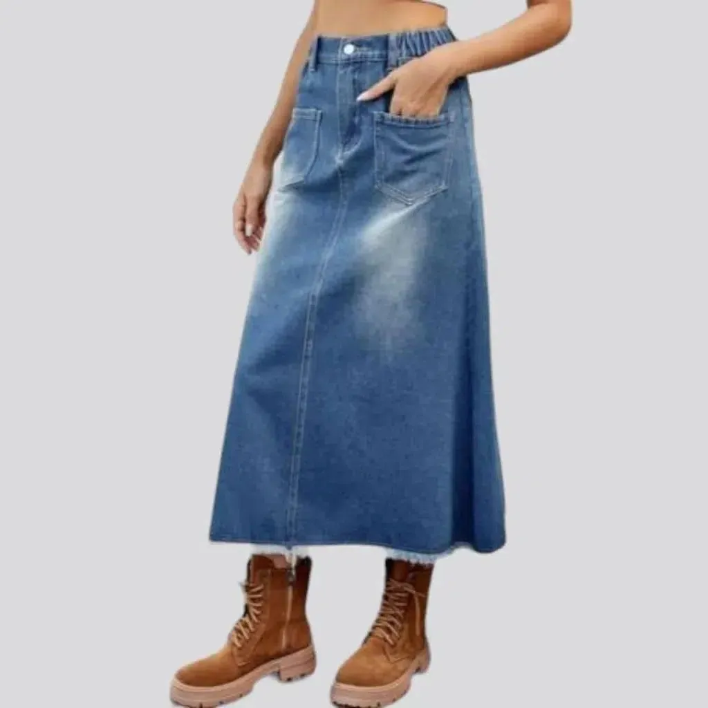 Raw-hem long women's jeans skirt