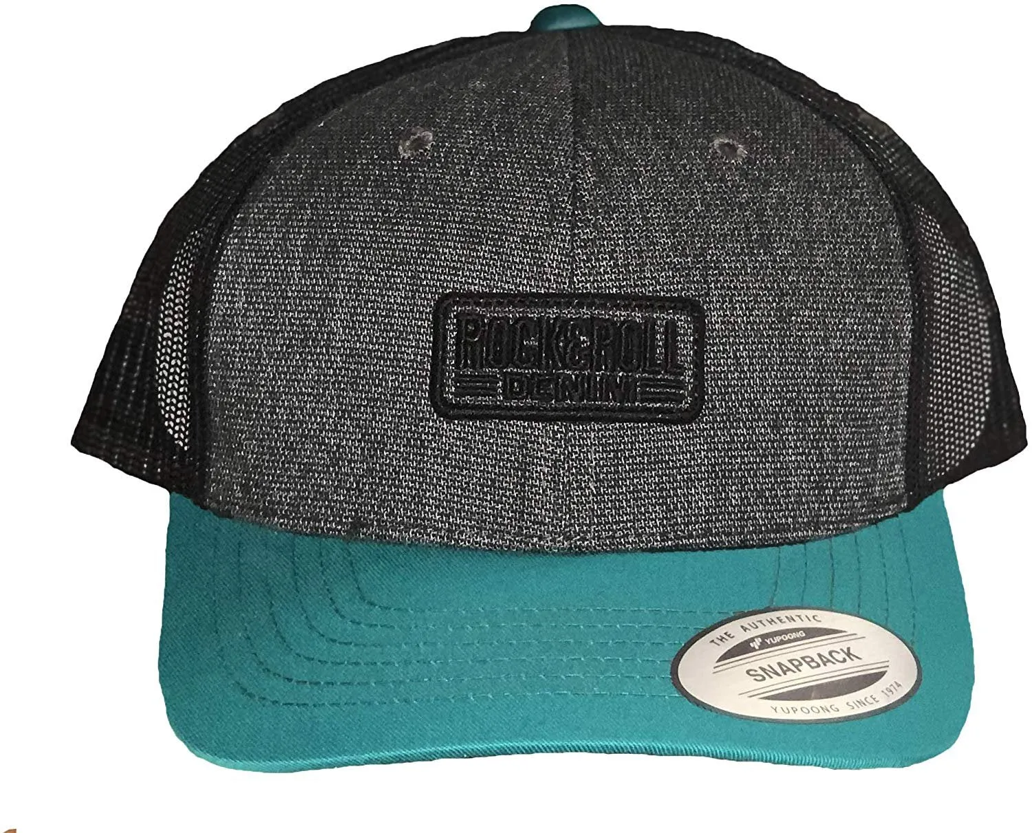 Rock and Roll Denim Logo Patch Adjustable Trucker Cap, Grey/Teal