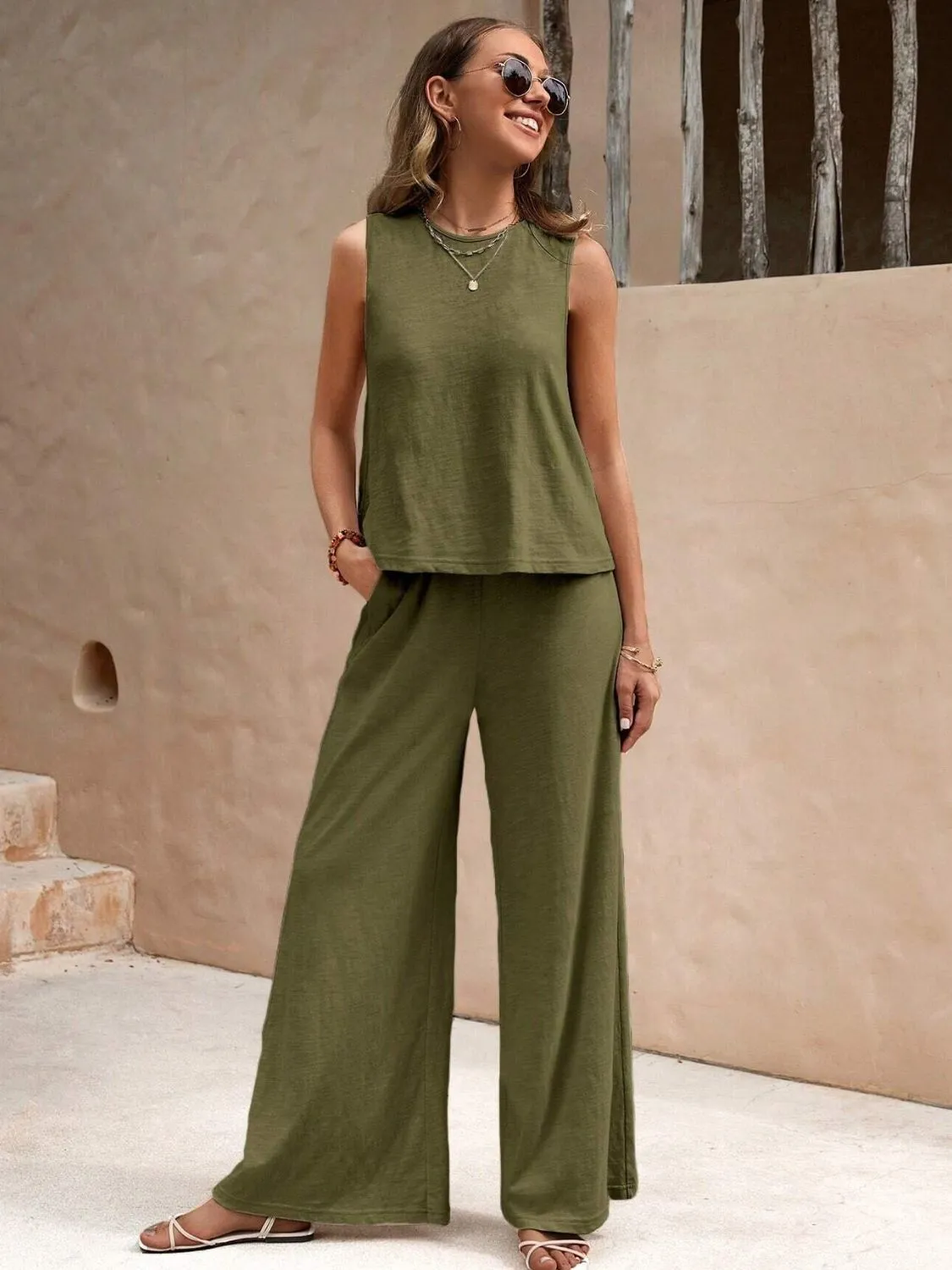 Round Neck Sleeveless Top and Wide Leg Pants Set