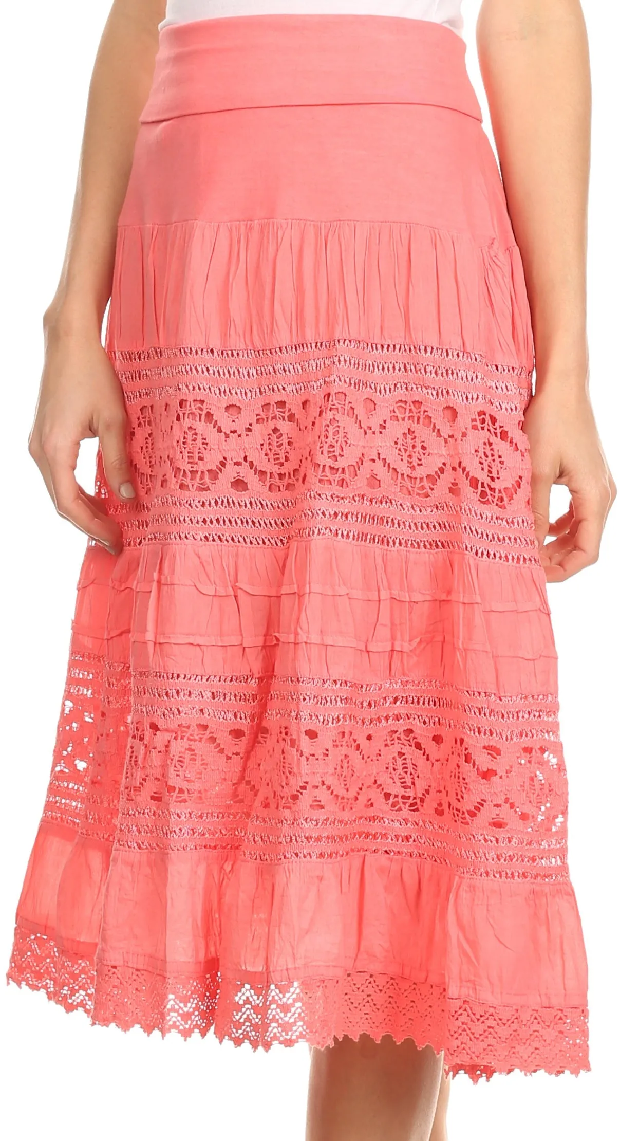 Sakkas Stephanie Crochet Lace Knee-Length Cotton Skirt with Fold-Over Waistband