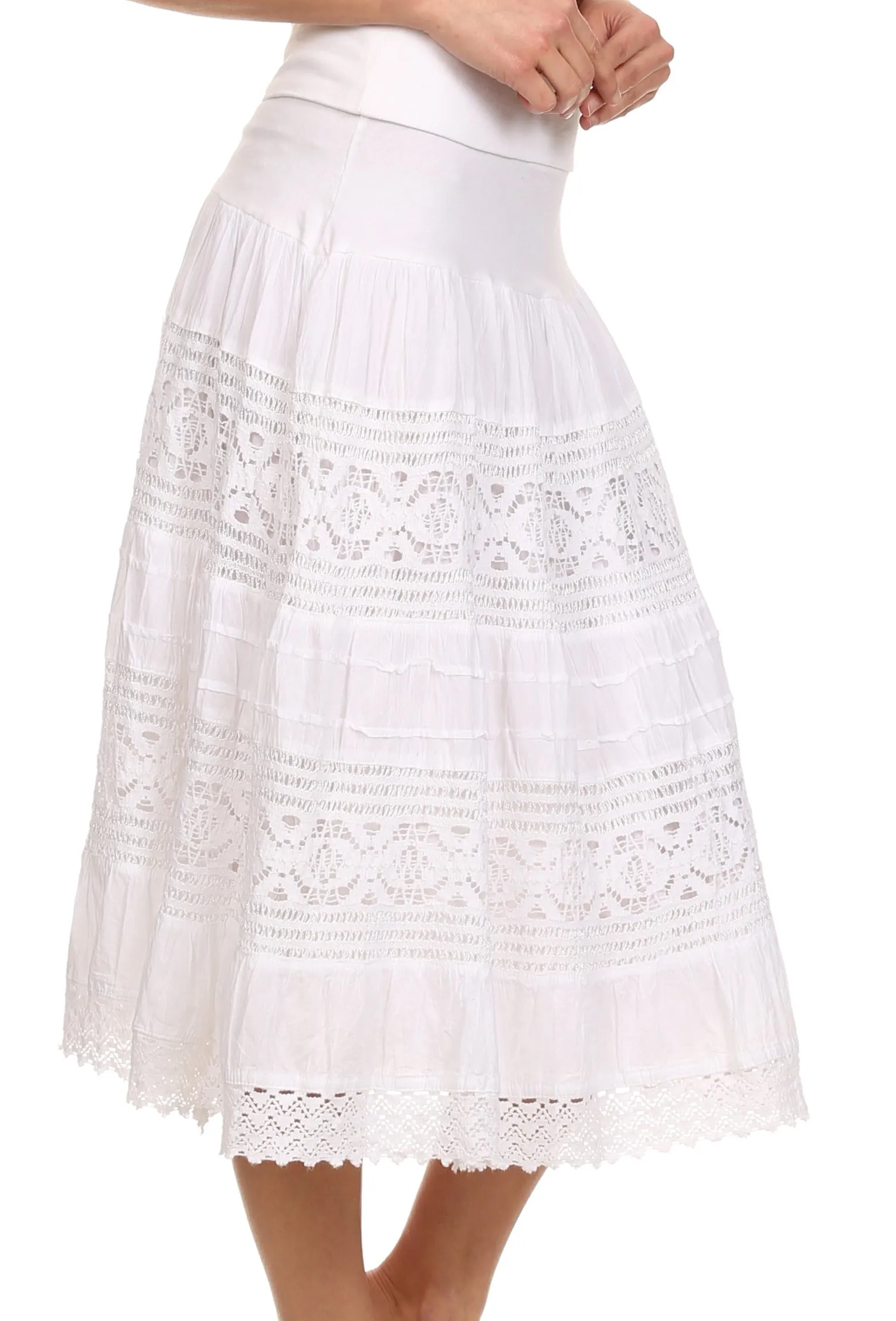 Sakkas Stephanie Crochet Lace Knee-Length Cotton Skirt with Fold-Over Waistband