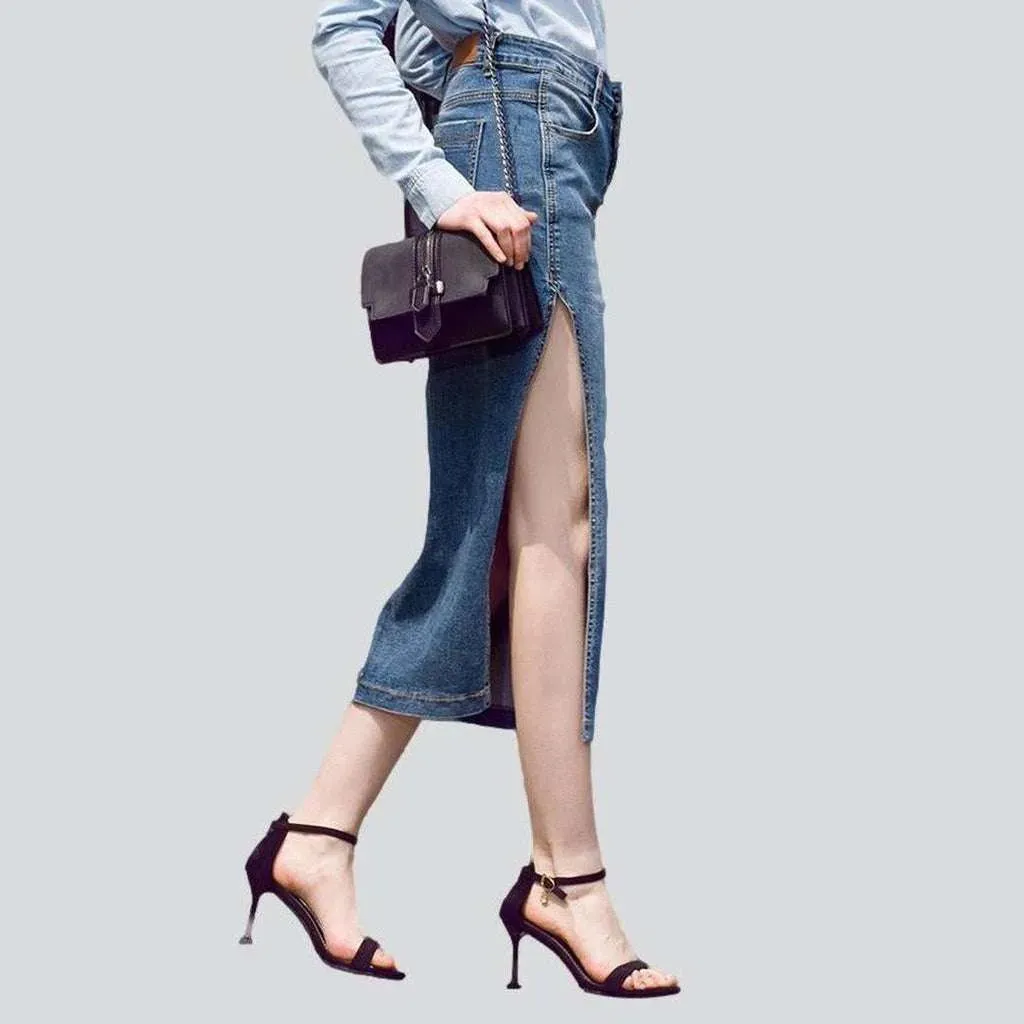 Side slit long denim skirt