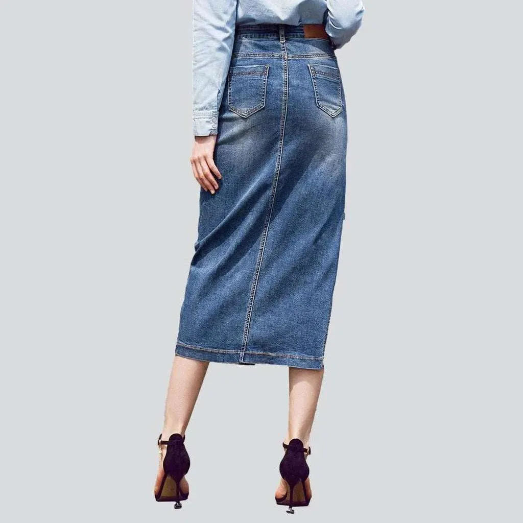 Side slit long denim skirt