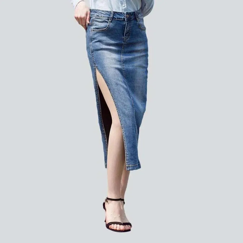 Side slit long denim skirt