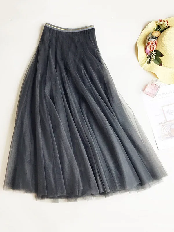 Solid Color Loose Elastic-Waist Mesh Skirt