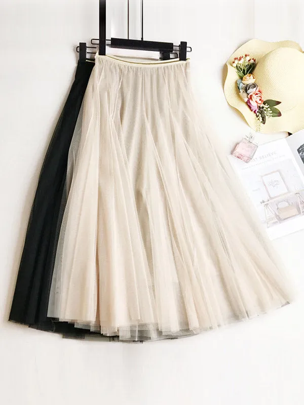 Solid Color Loose Elastic-Waist Mesh Skirt