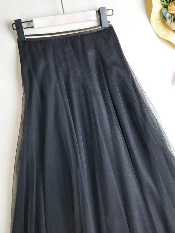 Solid Color Loose Elastic-Waist Mesh Skirt