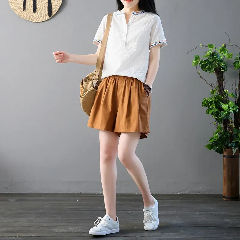 Straight Tube Casual Pants Literary Loose Cotton Hemp Wide Leg Shorts Hot Pants