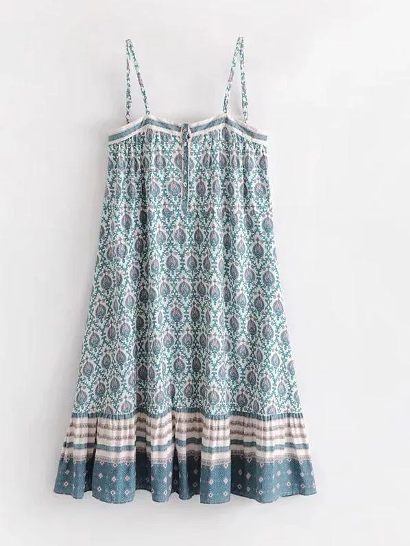 Strap A-shaped Skirt Printed Cotton Dress