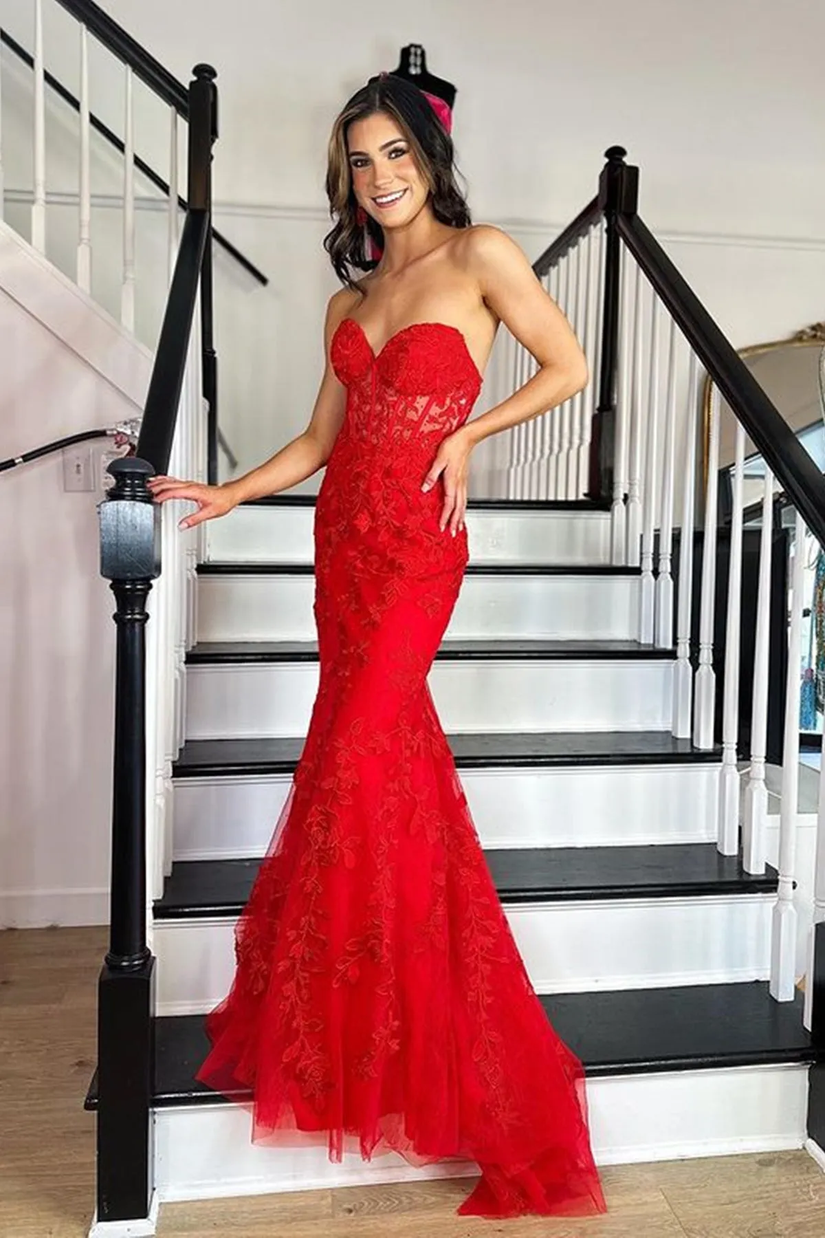 Strapless Mermaid Red Lace Long Prom Dress, Red Lace Formal Dress, Mermaid Red Evening Dress A1767