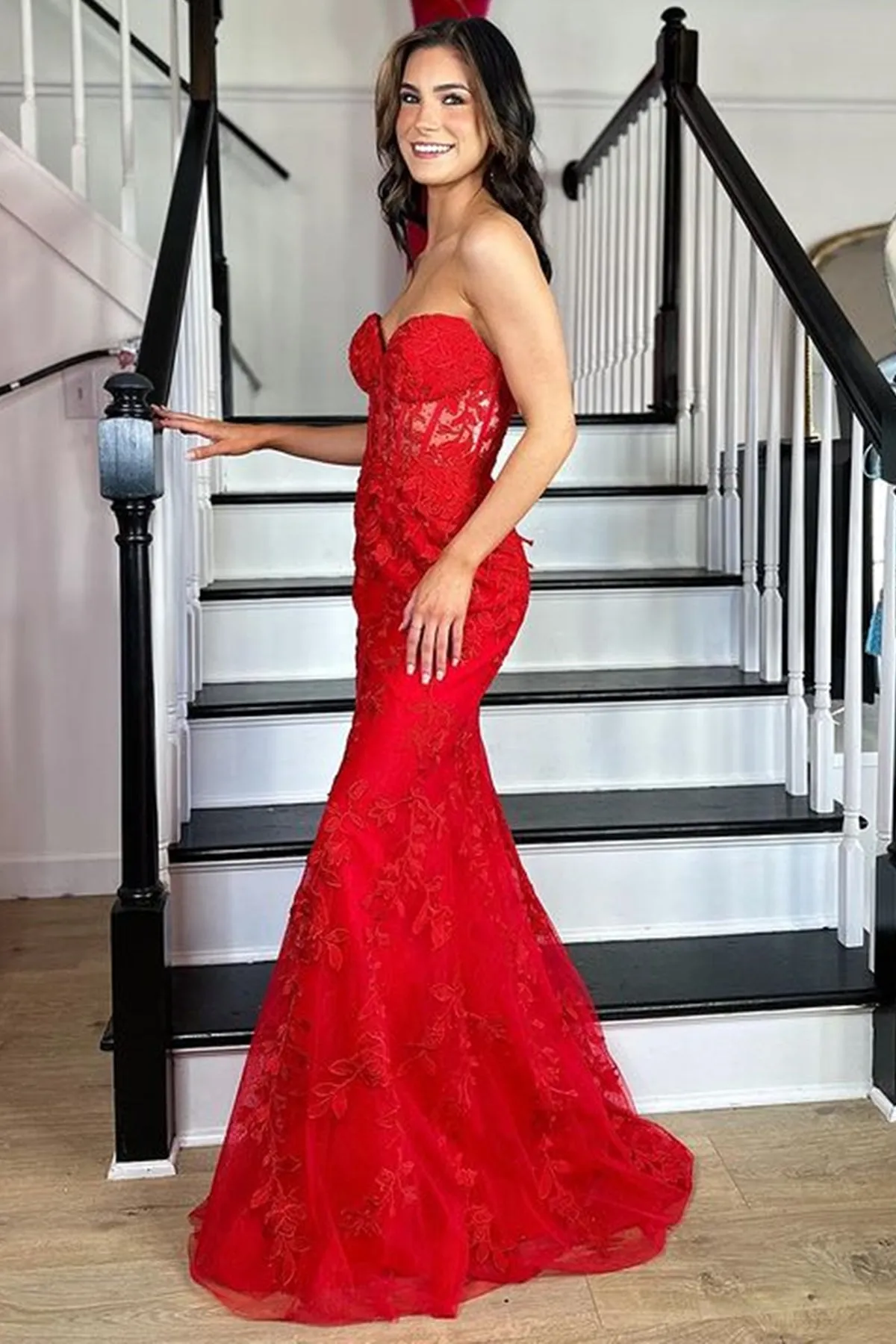 Strapless Mermaid Red Lace Long Prom Dress, Red Lace Formal Dress, Mermaid Red Evening Dress A1767