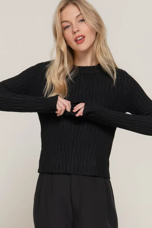 Toni Long Sleeve Ribbed Sweater Top Black