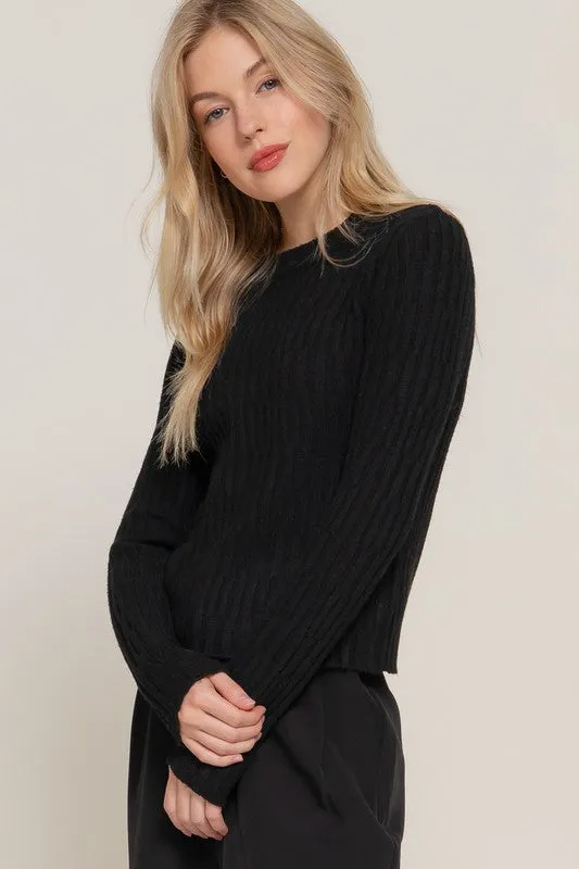 Toni Long Sleeve Ribbed Sweater Top Black