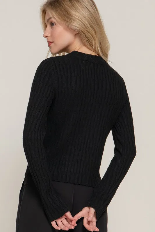 Toni Long Sleeve Ribbed Sweater Top Black