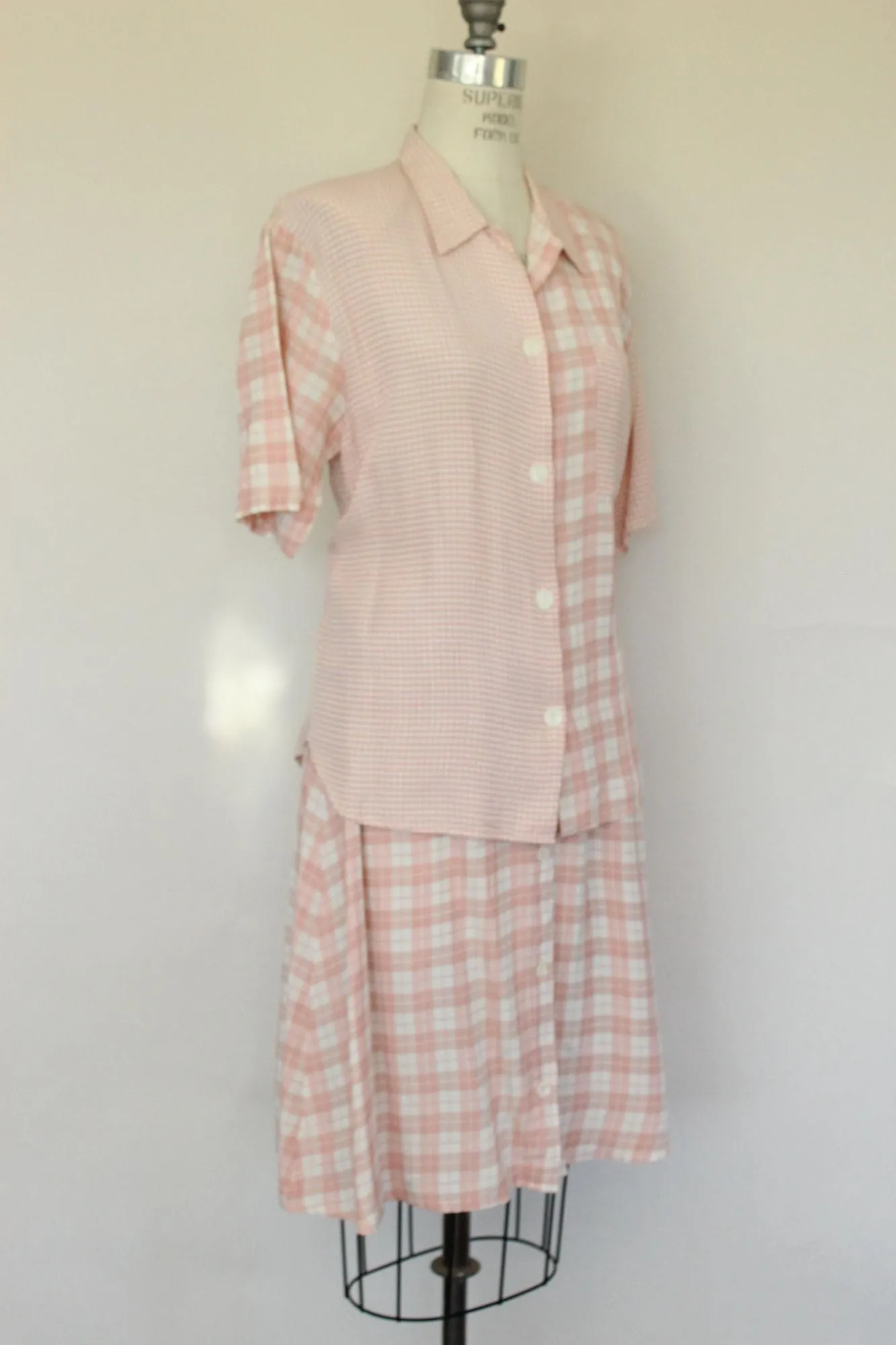 Vintage 1980s Clio Pink Check Skirt and Blouse Set