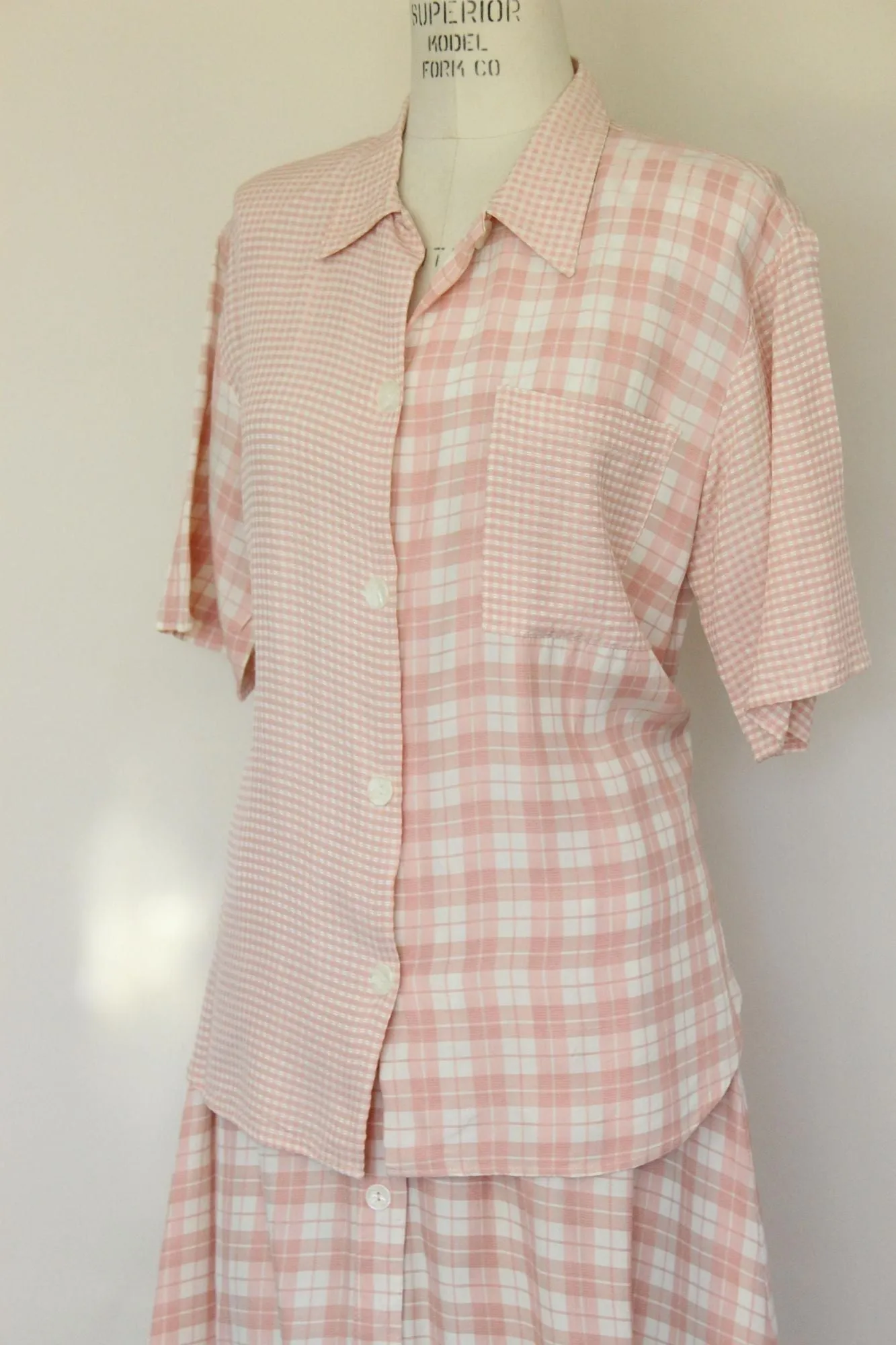 Vintage 1980s Clio Pink Check Skirt and Blouse Set