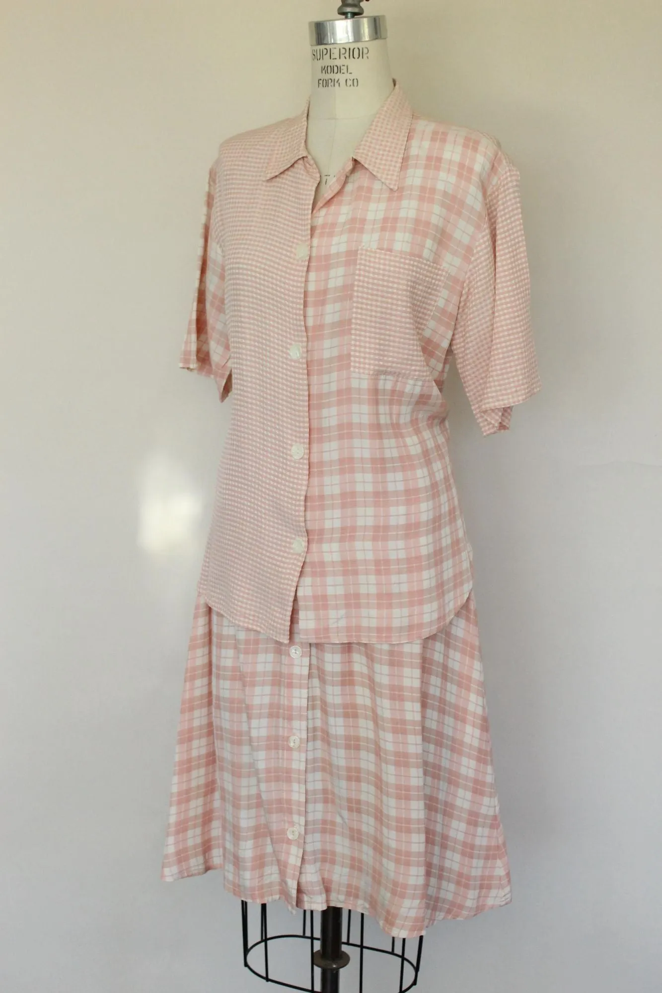 Vintage 1980s Clio Pink Check Skirt and Blouse Set