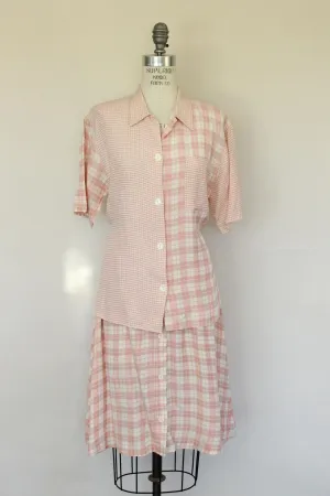 Vintage 1980s Clio Pink Check Skirt and Blouse Set