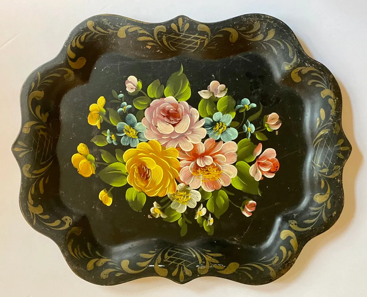 Vintage Scalloped Black Tole Tray Toleware Hand Painted Blue Starflower Roses Buttercups