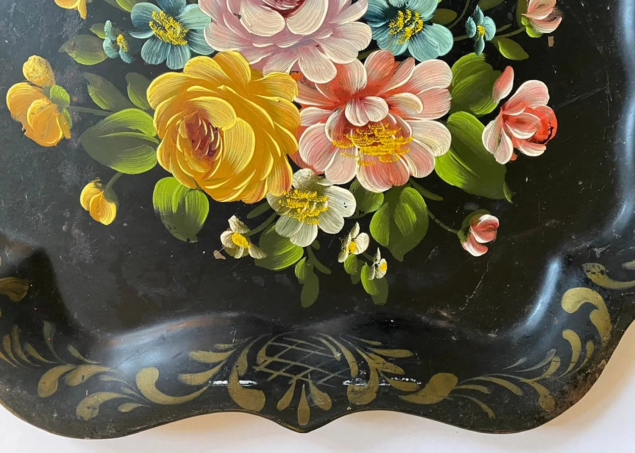 Vintage Scalloped Black Tole Tray Toleware Hand Painted Blue Starflower Roses Buttercups