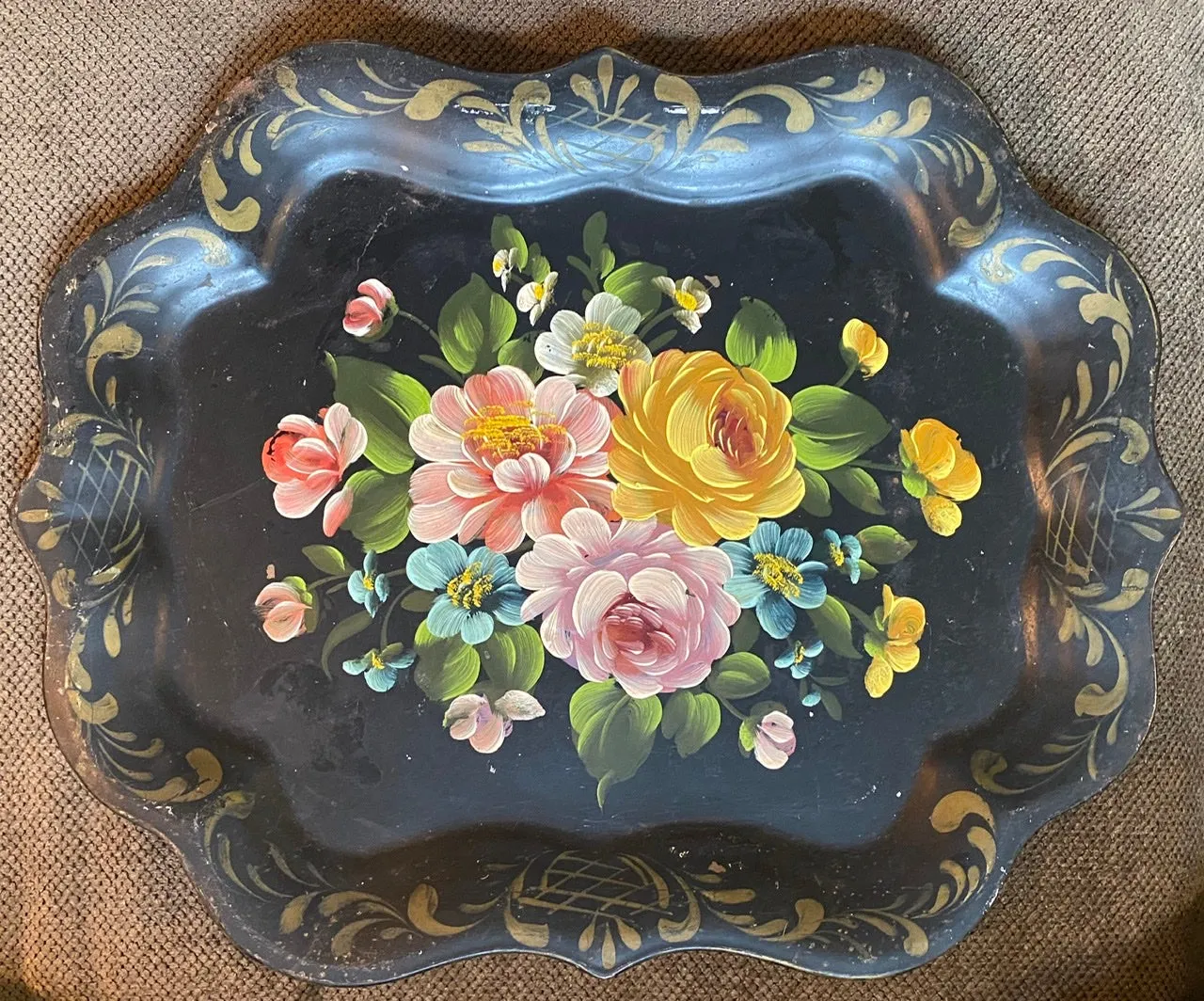 Vintage Scalloped Black Tole Tray Toleware Hand Painted Blue Starflower Roses Buttercups