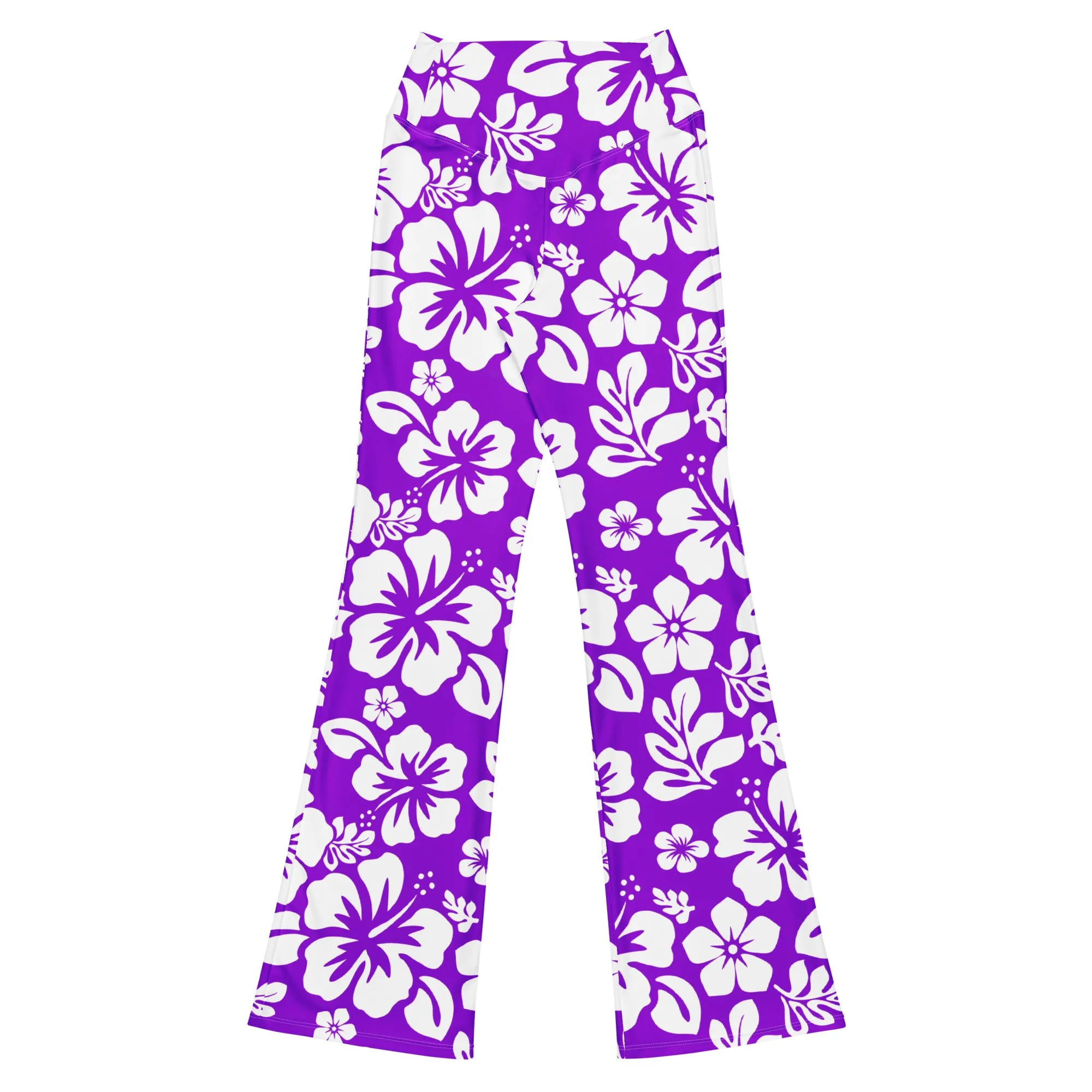 White and Purple Hawaiian Flowers Flare Leggings