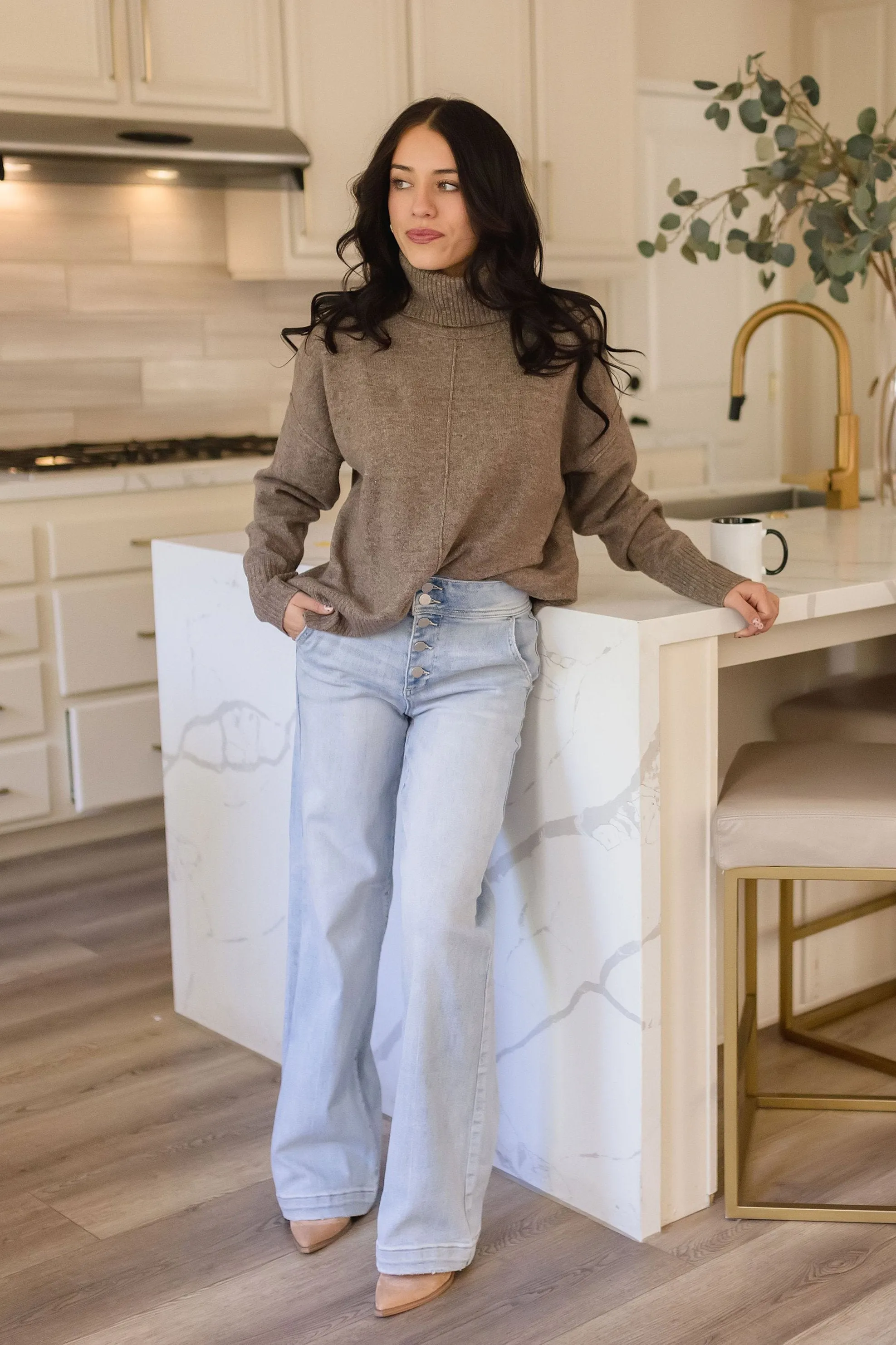 Whitley Long Sleeve Turtleneck Sweater Top Taupe