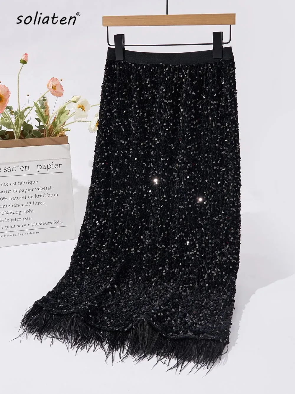 Women Black Sequined Feather Skirt Fall Winter Party Hip Skirt Slim Festival Female Chic Bottoms C-214