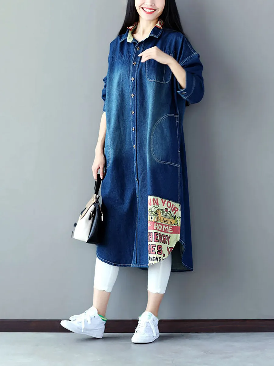 Women Casual Autumn Patch Spliced Denim Long Coat