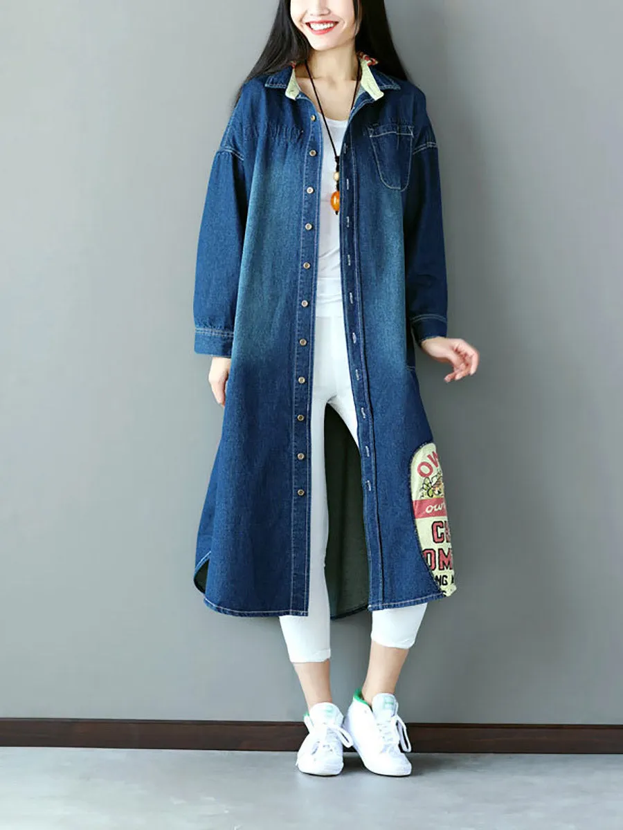 Women Casual Autumn Patch Spliced Denim Long Coat