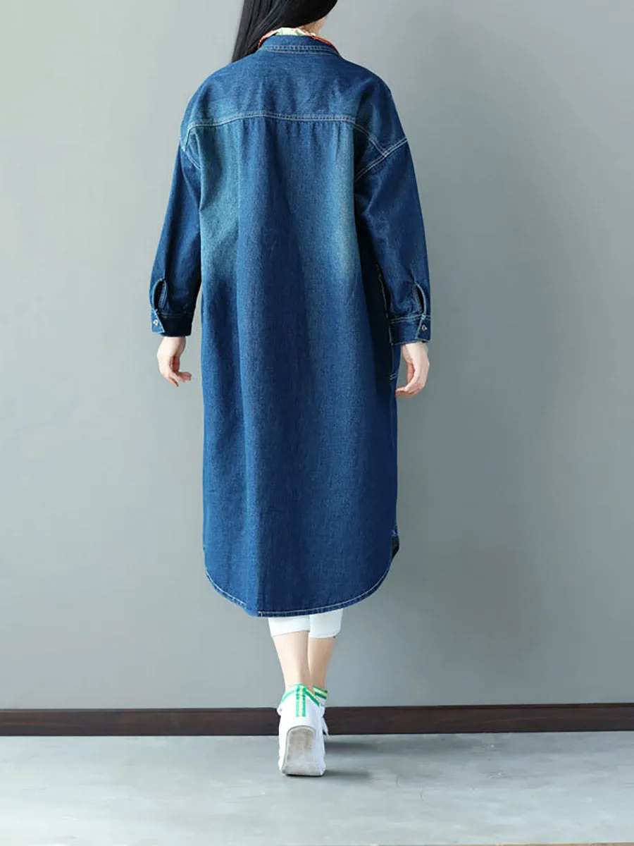 Women Casual Autumn Patch Spliced Denim Long Coat