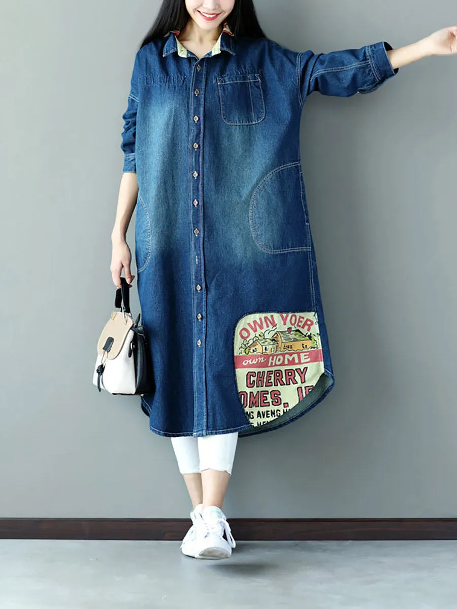 Women Casual Autumn Patch Spliced Denim Long Coat