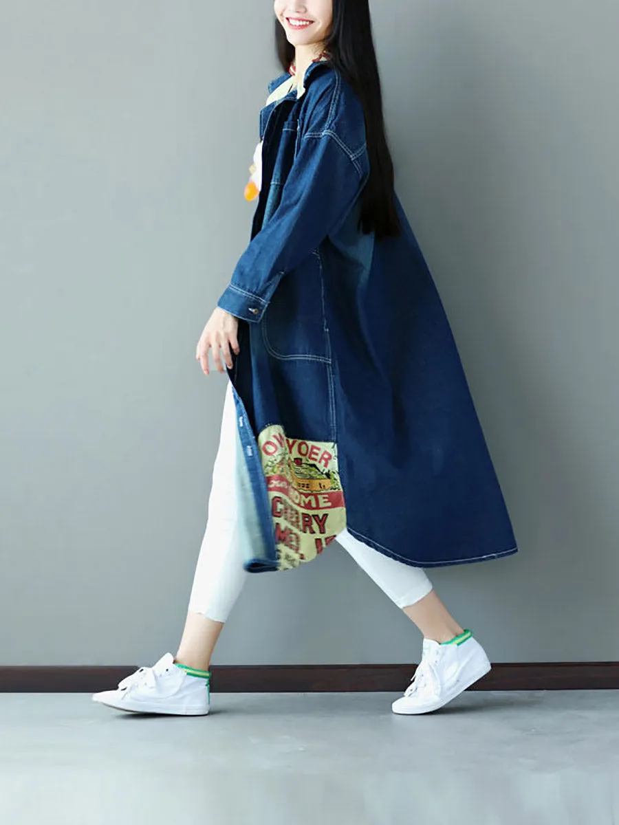 Women Casual Autumn Patch Spliced Denim Long Coat