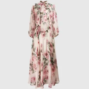 Women's Romantic Style Rose Print Large Swing Chiffon Dress